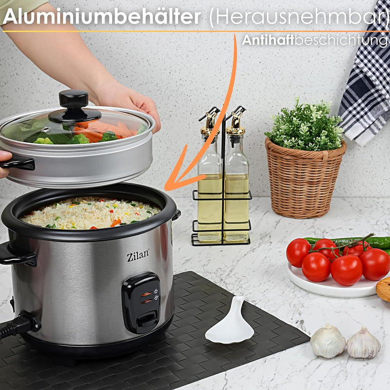 Reiskocher | Multikocher | 1,5 Liter | Dampfkocheinsatz | Reis Kocher | 500 Watt | Aluminium | Autom