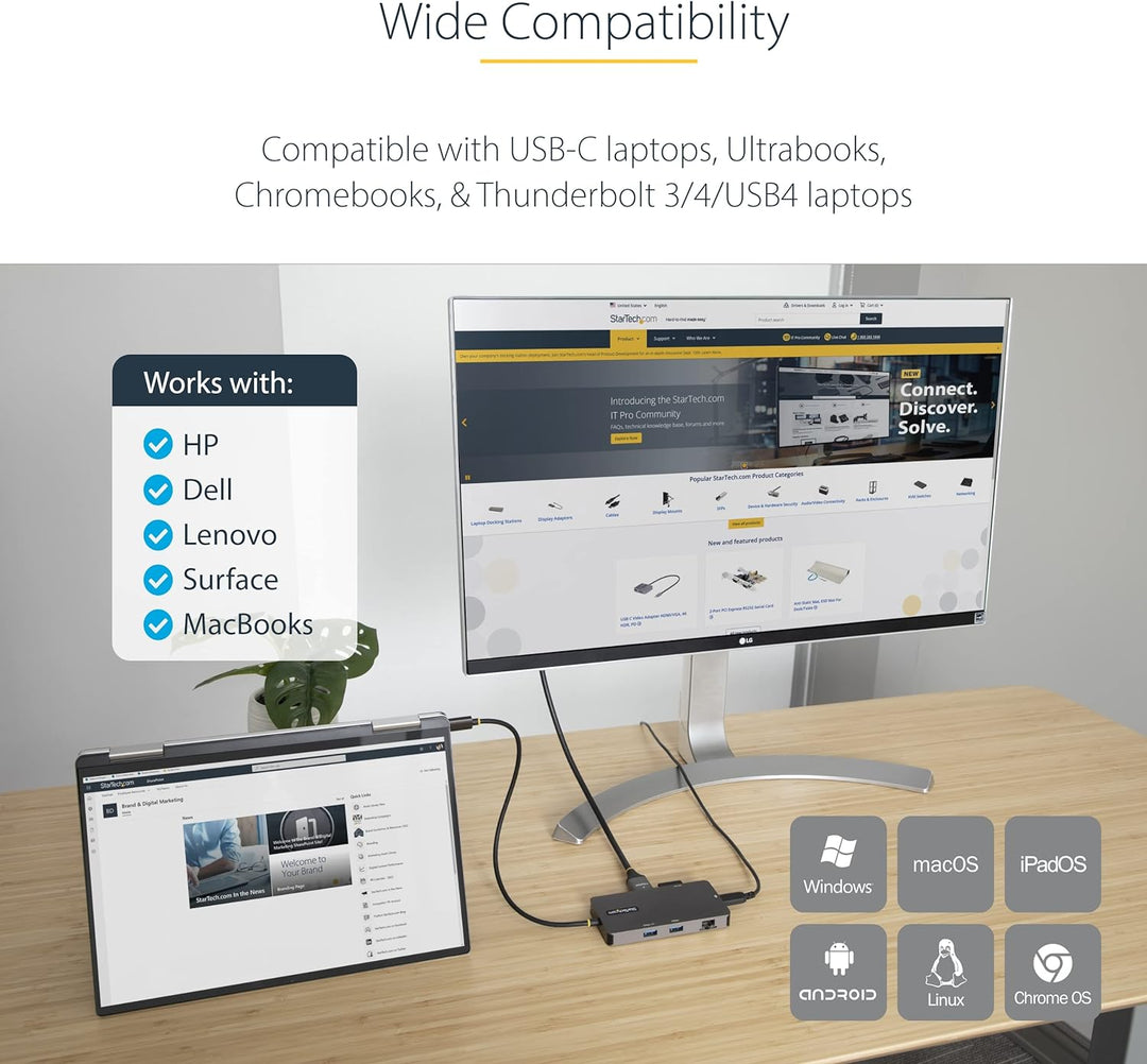 StarTech.com USB C Multiport Adapter, USB C auf Dual HDMI Video, 4K 60Hz, 5Gbit/s USB-A Hub, 100W PD