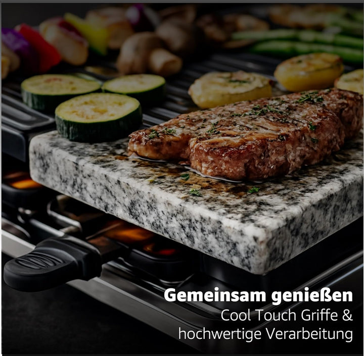 8 Personen Raclette Set - Tischgrill inkl. Pfännchen & Schaber - Grillplatte & Steinplatte antihaftb