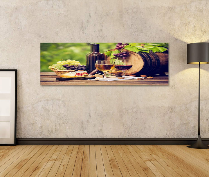 islandburner Bild auf Leinwand Wein Käse Tisch Close Up Bilder Wandbilder Poster Leinwand 120x40cm -