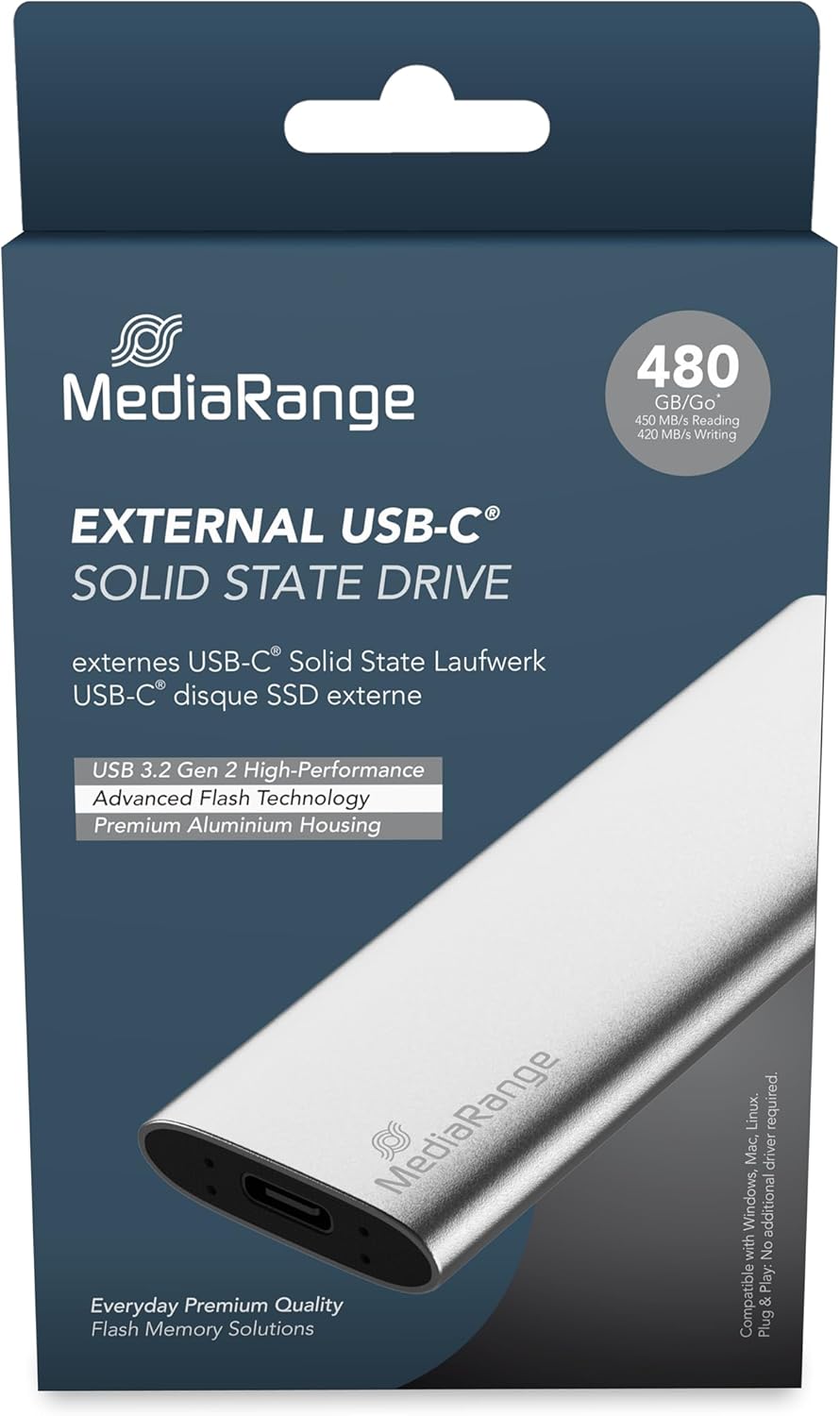 MediaRange Externes SSD Laufwerk 480 GB - USB Type-C Solid State Laufwerk mit 3.2 Gen 2 Flash Techno