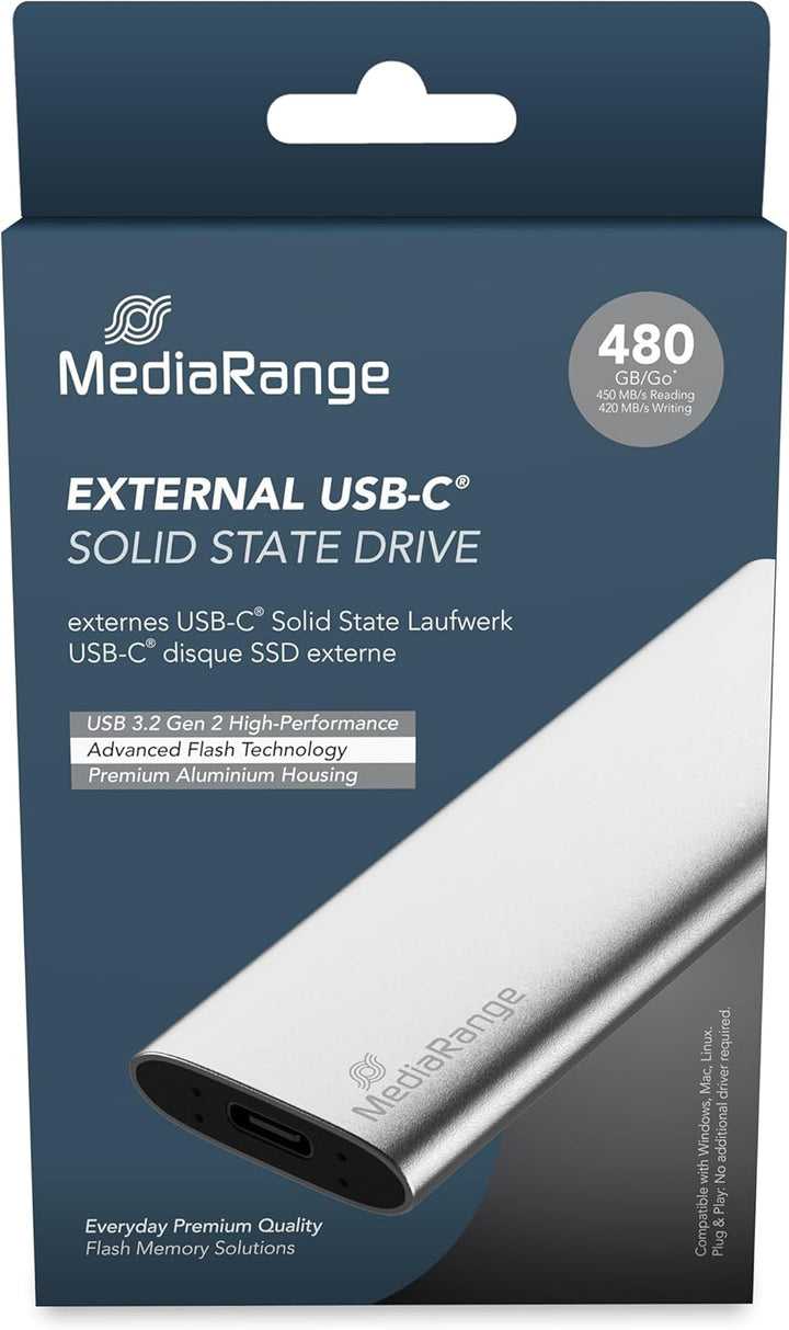 MediaRange Externes SSD Laufwerk 480 GB - USB Type-C Solid State Laufwerk mit 3.2 Gen 2 Flash Techno