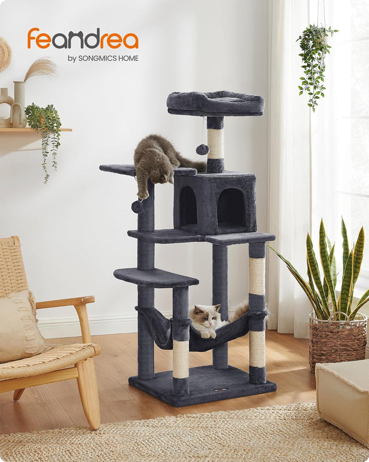 Feandrea Kratzbaum, 143 cm hoch, Katzenbaum, mehrstöckige Katzenhaus, mit 4 Kratzsäulen, 2 Plattform