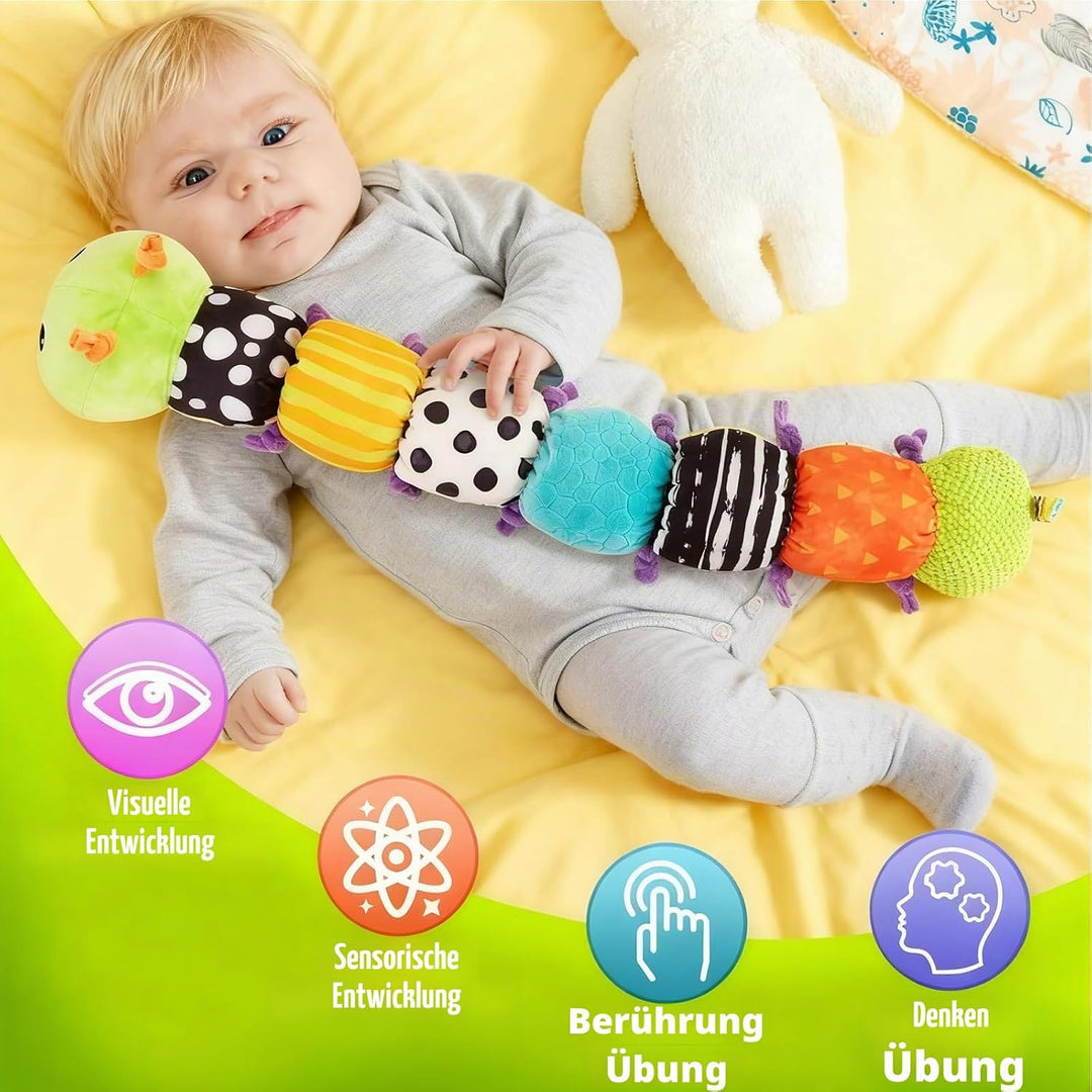 Baby Raupe Spielzeug 0-12 Monate, Musik Plüsch Bauchlage Spielzeug mit Rassel Knisterei Quietsche &