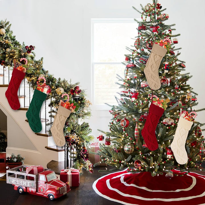 Weihnachtsstrümpfe, 4 Stück, gestrickt, Burgunderrot, Grün, Familien-Ornament, Strümpfe, Kamin, Weih