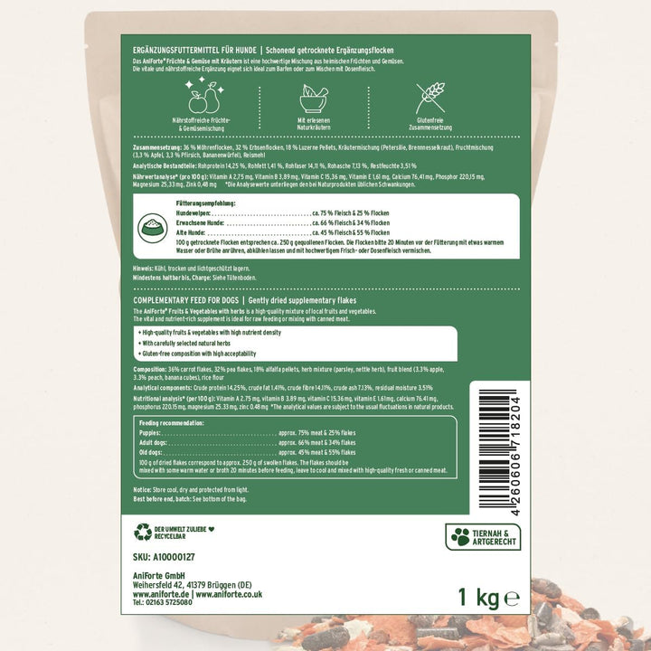 AniForte Barf Zusatz für Hunde Früchte und Gemüse mit Kräutern 1kg - Naturprodukt, Barf Ergänzungsfu