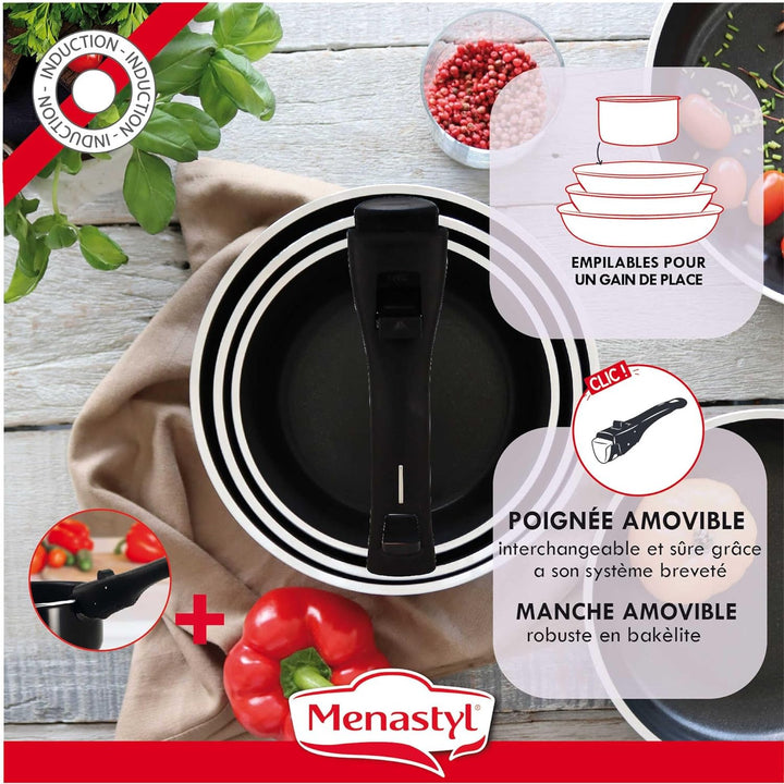 MENASTYL - Iris 6020437 Set mit 5 Töpfen aus schwarzem Aluminium, Induktion, 2 Stieltöpfe 16/18 cm +