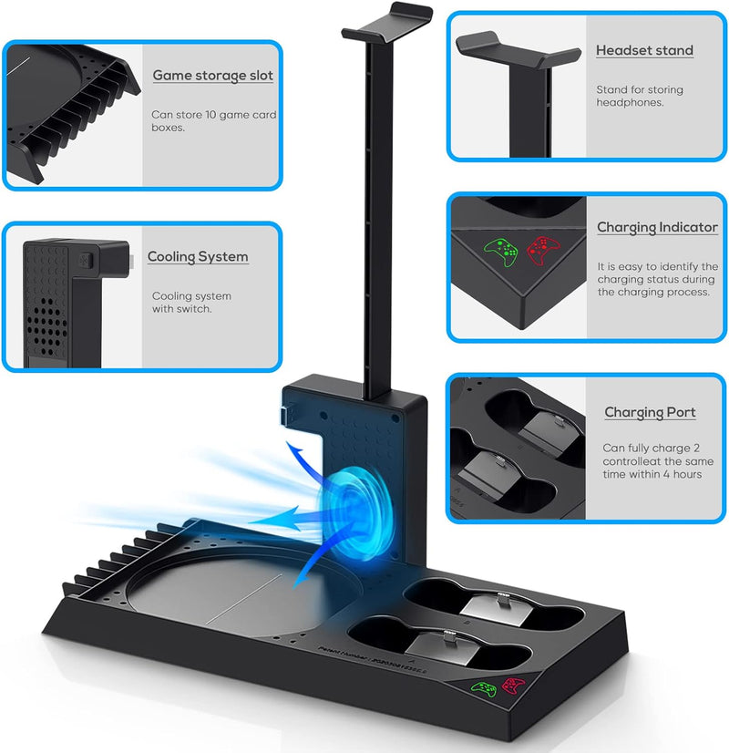 FYOUNG Ständer für Xbox Series X mit Lüfter Kühler und Controller Ladestation, Kühlständer und 1400m