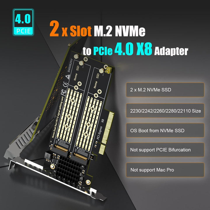 GLOTRENDS PA21 Dual M.2 NVMe zu PCIe 4.0 X8 Adapter ohne PCIe-Verzweigung, Einrichtung von Soft M.2