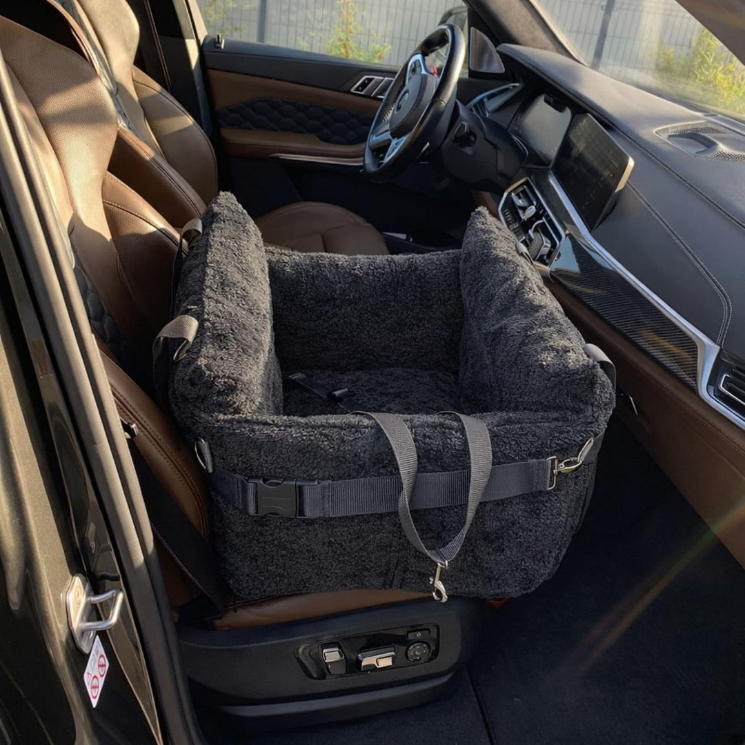 Hundesitz Auto 3in1 aus Bouclé – Hundebett &amp; Transporter mit Sicherheitsleine, weich, robust und Kra