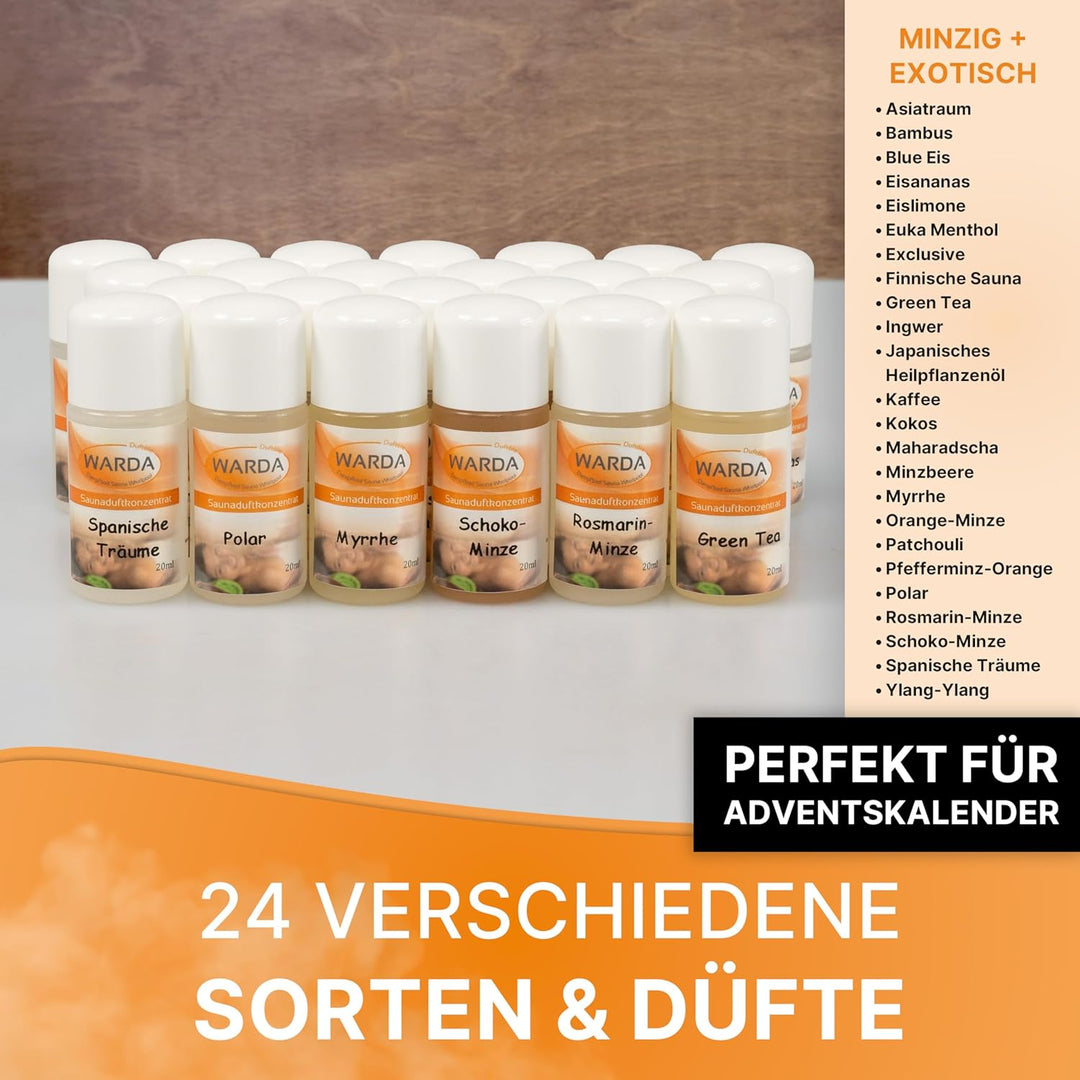 Miniatur-Set mit 24x 20 ml Flaschen von Warda Saunaduftkonzentrat Adventskalenderfüllung (24, MINZIG