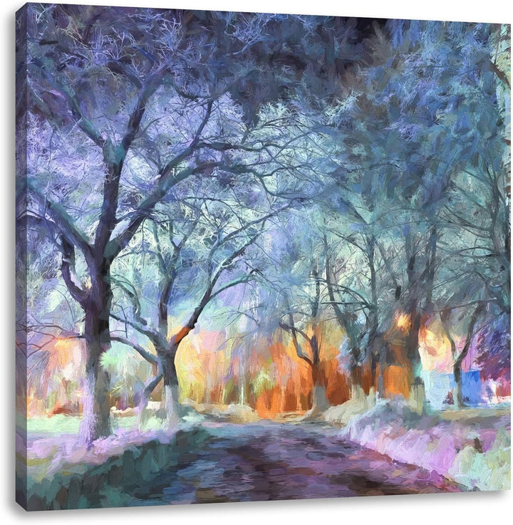 Pixxprint Baumallee im Winter als Leinwandbild/Grösse: 70x70 cm/Wandbild/Kunstdruck/fertig bespannt,
