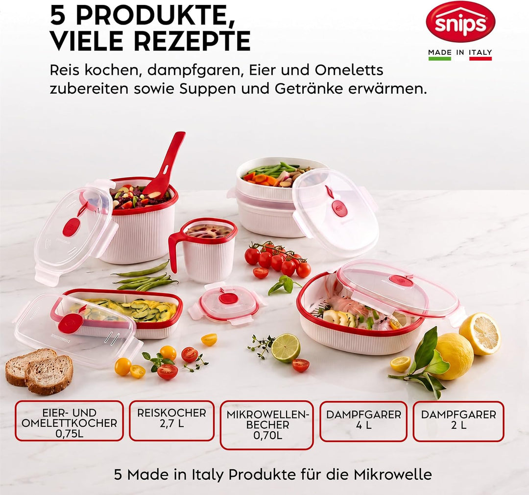 Snips | Set 5-teilig Mikrowellenbehälter | Dampfgarer 4 L, Dampfgarer 2 L, Reiskocher, Eier- und Ome