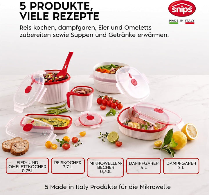 Snips | Set 5-teilig Mikrowellenbehälter | Dampfgarer 4 L, Dampfgarer 2 L, Reiskocher, Eier- und Ome