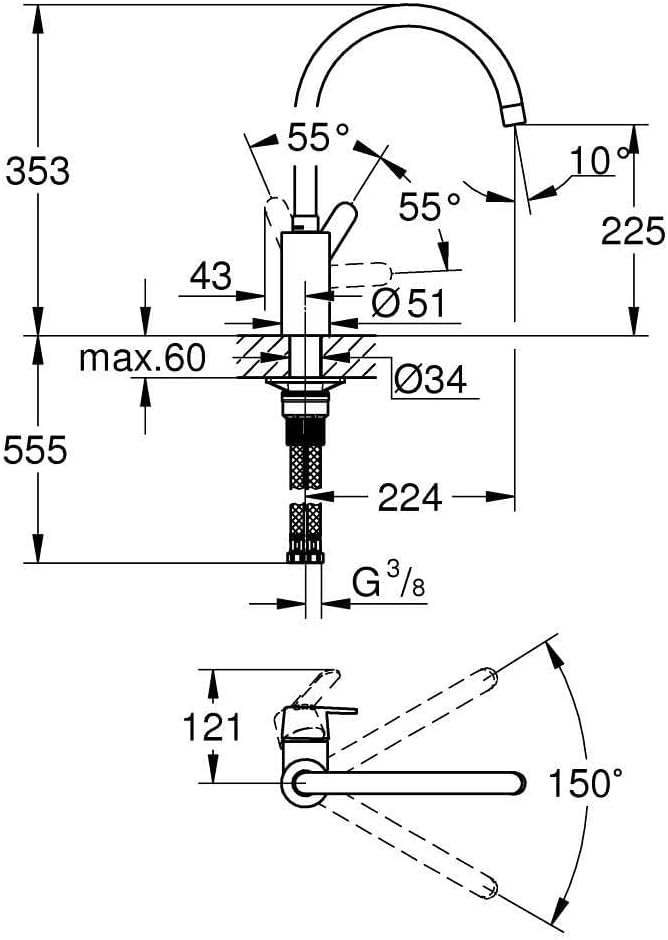 GROHE Get - Einhand-Spültischbatterie (Schwenkbereich wählbar: 0° / 150°, Einlochmontage, flexible A