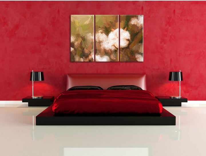 Pixxprint eine ausgereifte Knospe voller Baumwolle Kunst Pinsel Effekt 3-Teiler Leinwandbild 120x80