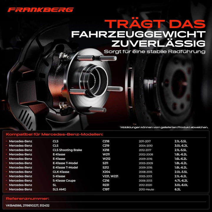 Frankberg 1x Radnabe Radlagersatz Hinterachse Kompatibel mit CLS C218 2011-2017 CLS C219 2004-2010 E