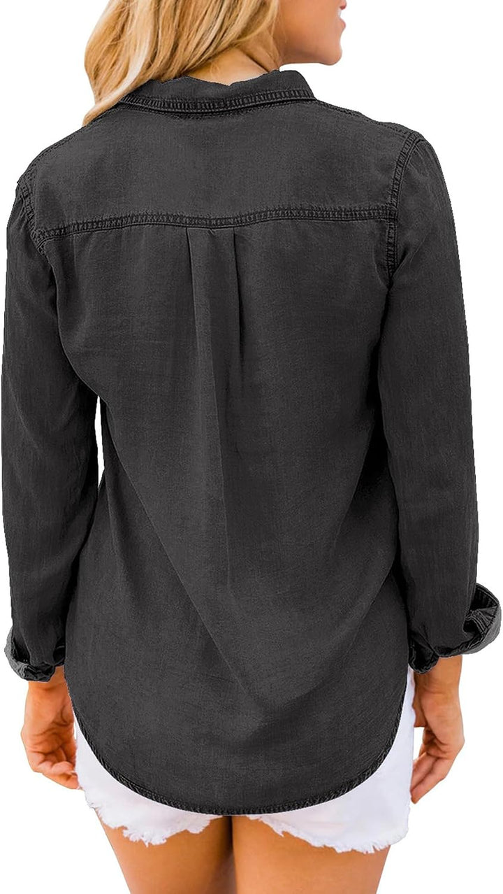 Damen Jeanshemd - Damen Western Hemden Tunika Langarm Button Down Oberteile XL Schwarz, XL Schwarz