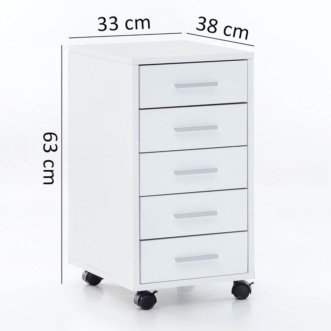 FineBuy Rollcontainer Weiss 33 x 63 x 38 cm Holz Schubladenschrank Schreibtisch, Büro Schrank mit 5