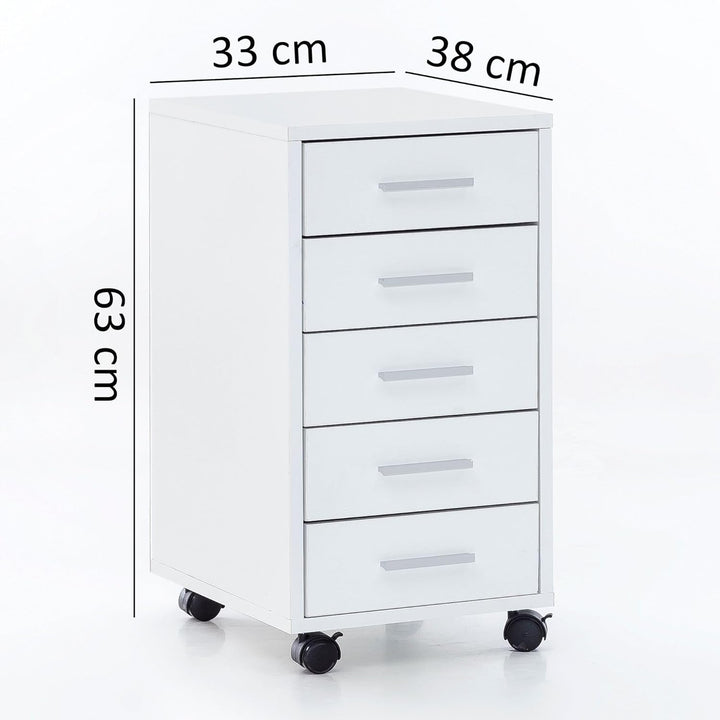 FineBuy Rollcontainer Weiss 33 x 63 x 38 cm Holz Schubladenschrank Schreibtisch, Büro Schrank mit 5