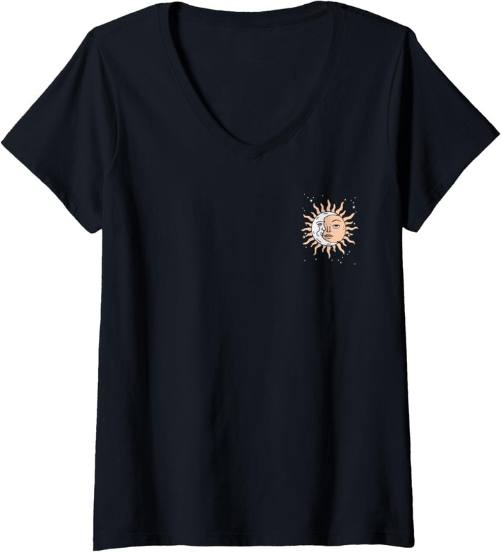 Damen Sun & Moon Flowers Tarot Card Front & Back T-Shirt mit V-Ausschnitt