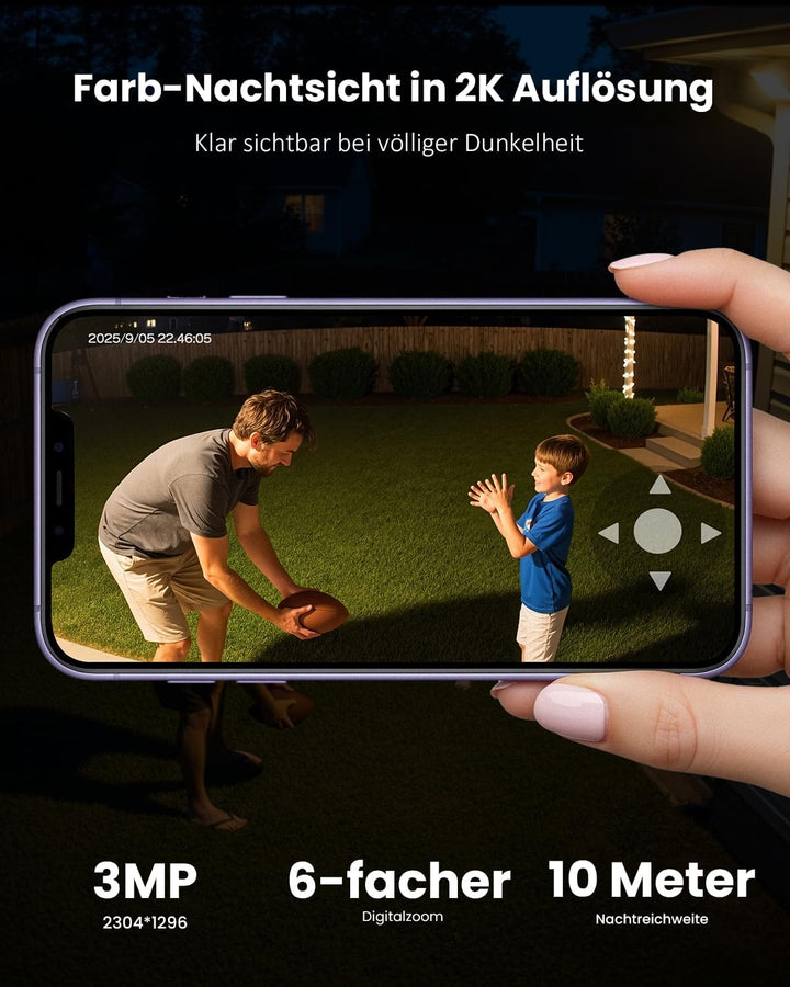 2K Überwachungskamera Aussen Solar, 360° PTZ Kamera Überwachung Aussen Akku, 2,4GHz WLAN Kamera mit