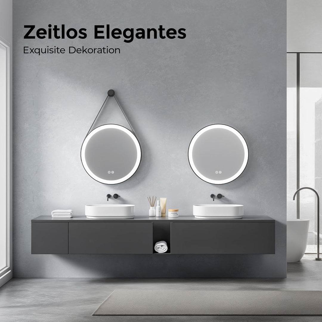 Heilmetz Badspiegel mit Beleuchtung Rund 50cm, LED Badezimmerspiegel mit Licht, 3 Lichtfarben Dimmba