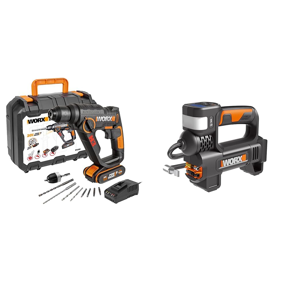 WORX WX390 Bohrhammer SDS-plus & WX092.9 Akku-Kompressor - 4 in 1: multifunktionale Luftpumpe 1,2 Jo