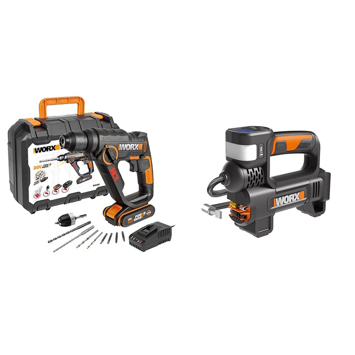 WORX WX390 Bohrhammer SDS-plus & WX092.9 Akku-Kompressor - 4 in 1: multifunktionale Luftpumpe 1,2 Jo