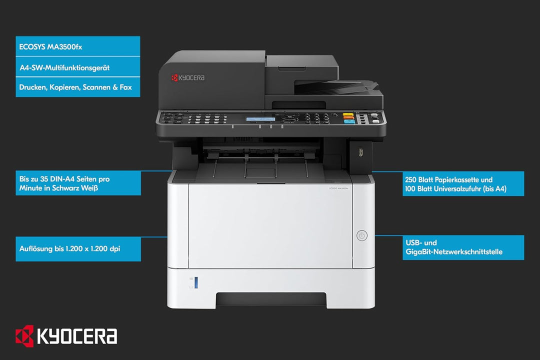 Kyocera Ecosys MA3500fx Multifunktionsdrucker Schwarz Weiss. 35 Seiten pro Minute. Drucker Scanner K