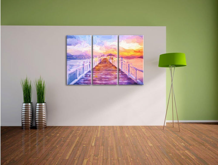 Pixxprint Steg ins Meer bei Sonnenuntergang als Leinwandbild/Grösse: 3 Teilig (120x80) cm/Wandbild/K