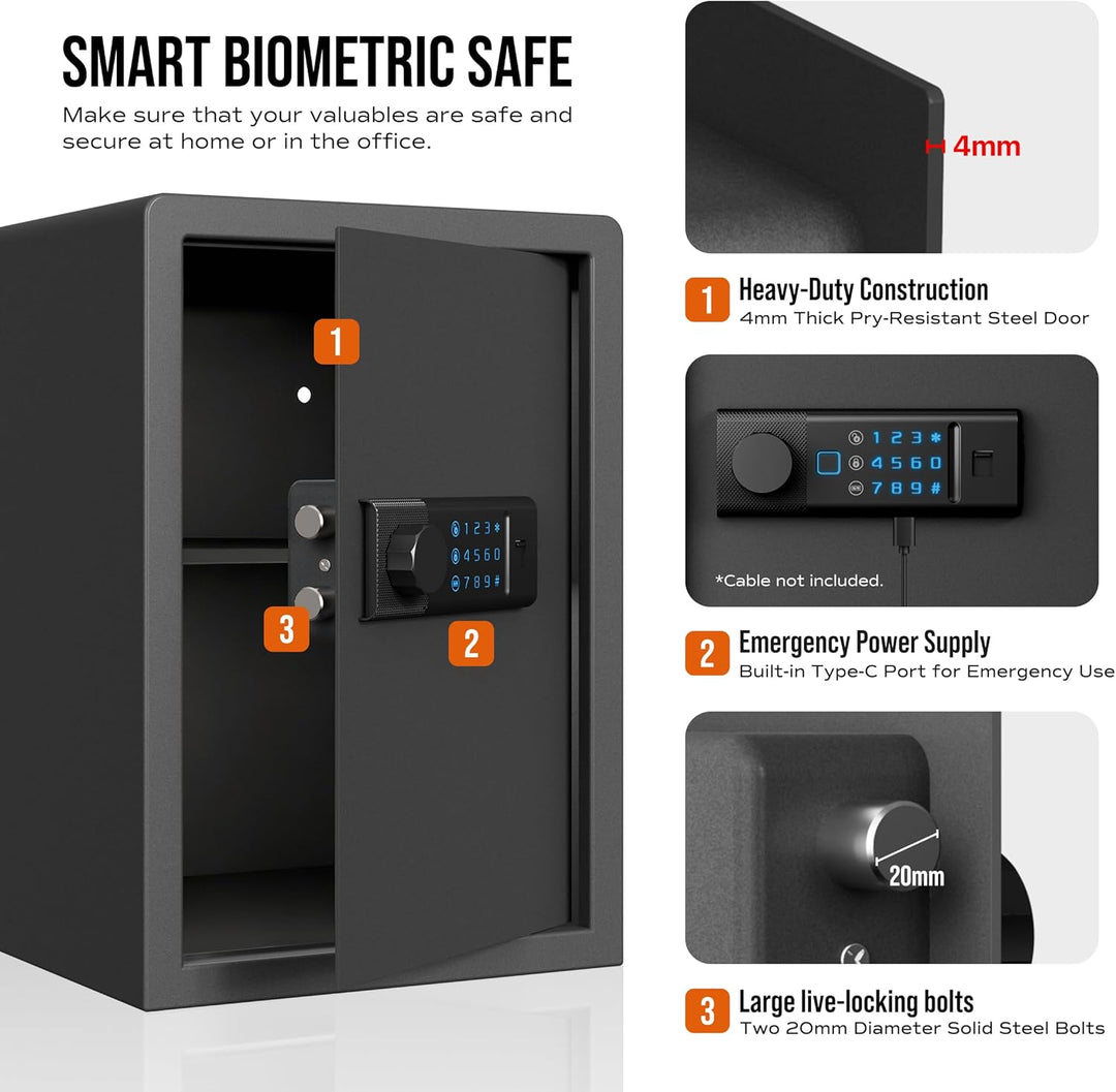 RPNB Biometrischer Tresor, Hintergrundbeleuchtete Touchpad, Kleiner Tresor für Zuhause mit Notfall-U