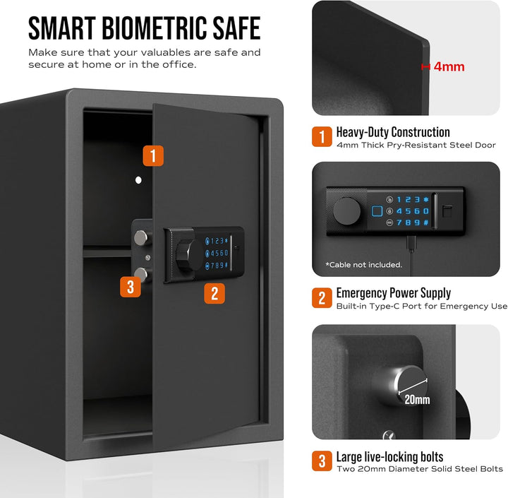 RPNB Biometrischer Tresor, Hintergrundbeleuchtete Touchpad, Kleiner Tresor für Zuhause mit Notfall-U