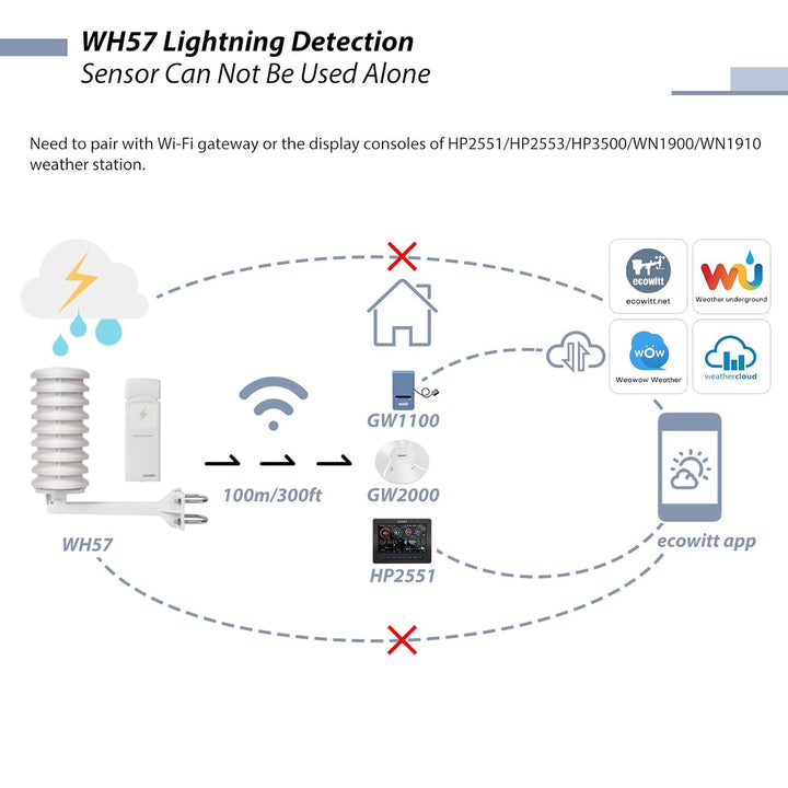 Ecowitt Wireless Lightning Detector Sensor WH57, Wetterstation Aussensensor für Ecowitt Ecosystem, n