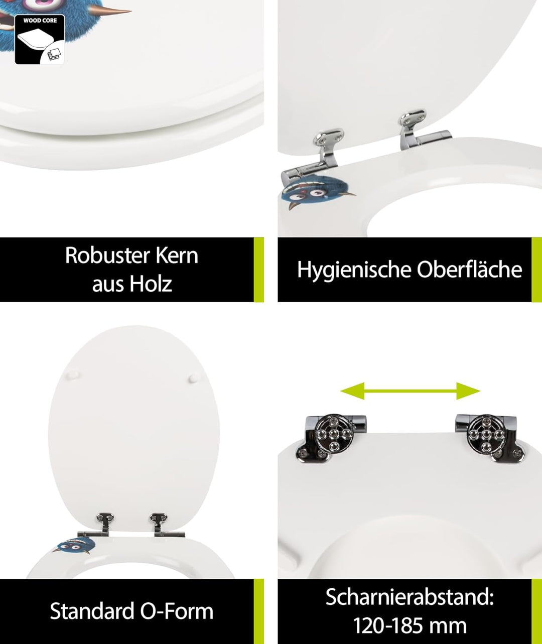 'aquaSu® WC-Sitz mit Absenkautomatik, lustiges Dekor Monster Ecky, Toilettensitz mit Holzkern & Fast