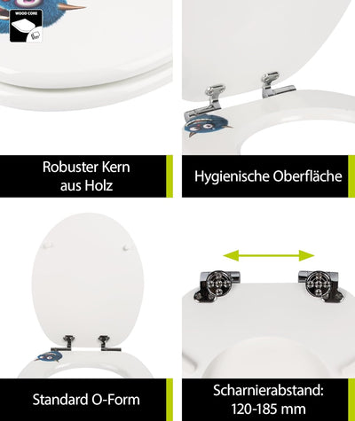 'aquaSu® WC-Sitz mit Absenkautomatik, lustiges Dekor Monster Ecky, Toilettensitz mit Holzkern & Fast