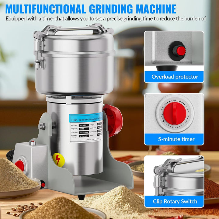 Elektrische Getreidemühle 1000g – 2400W Hochleistungsmotor, 30-300 Mesh Feinheit, 3-stufiges Messers