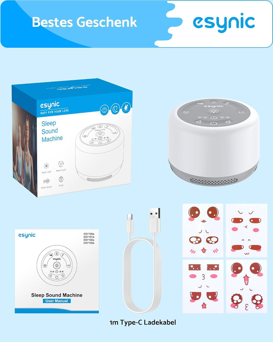 eSynic White Noise Machine Baby Weisses Rauschen Einschlafhilfe LED Nachtlicht Stilllicht mit 30 Klä