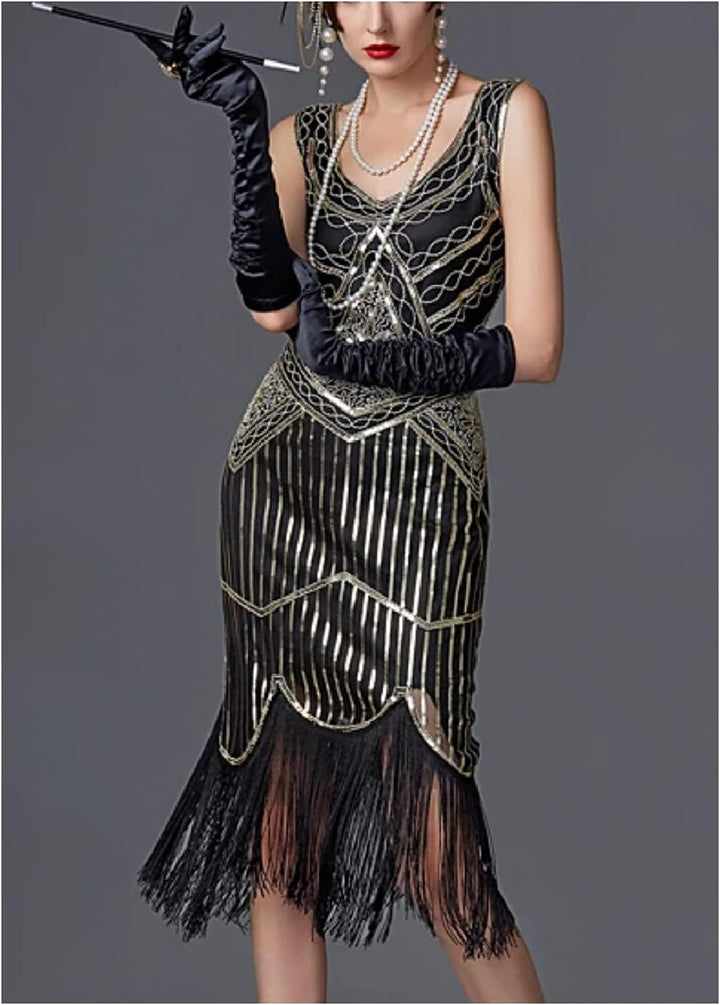 MIMIKRY 20er Jahre Charleston Pailletten Kleid Schwarz/Gold mit Fransen Flapper Damen-Kostüm XXL Sch