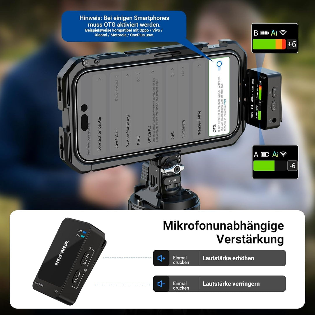 NEEWER CM26 Pro AI Drahtloses Mikrofon kompatibel mit iPhone Android Kameras PCs, Ansteckmikrofon DS