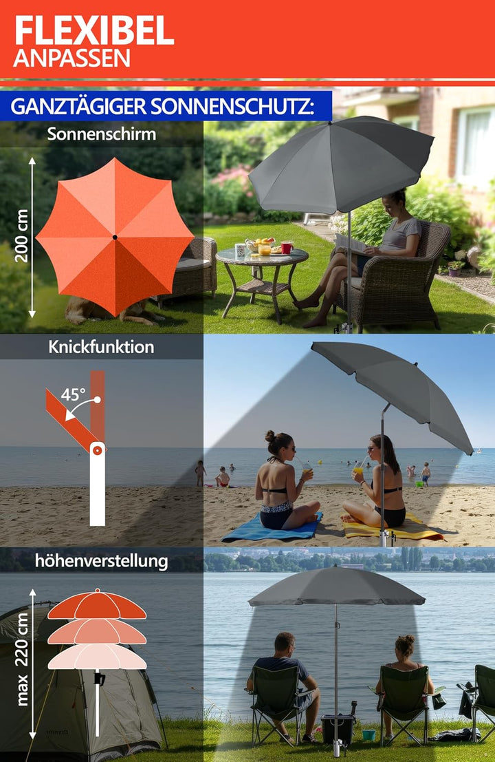 4smile Sonnenschirm Strand SET mit Eindrehbodenhülse, Ø 200 cm, Anthrazit | Strandschirm Windfest St