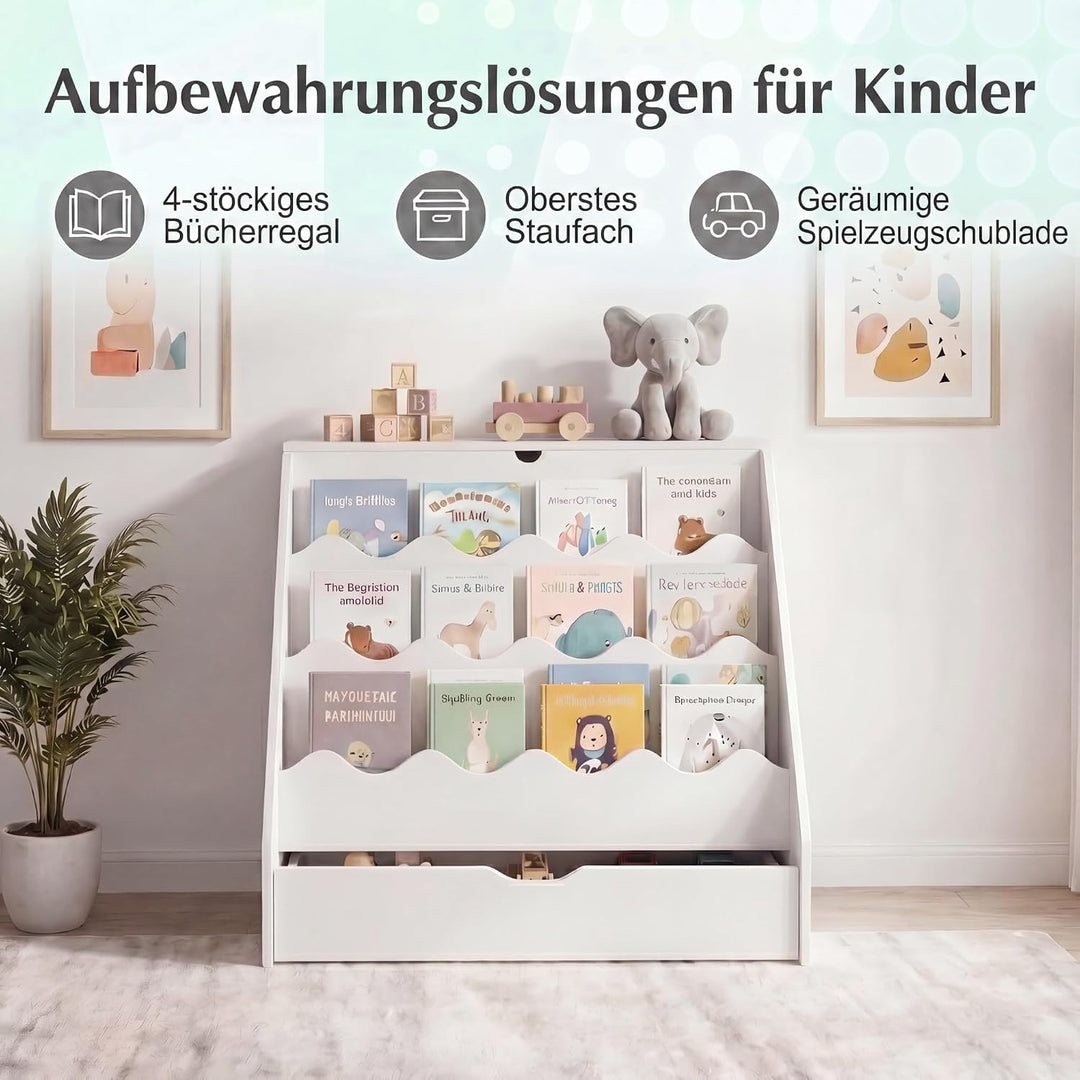 RELAX4LIFE Bücherregal Kinder, Montessori Kinderregal mit 4 Fächern, Klappplatte & Schublade auf Rol