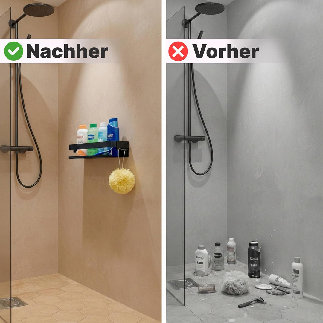 Minismus Duschablage ohne Bohren Schwarz, Duschregal mit Sicherheitsleiste und Haken, Wandregal ohne