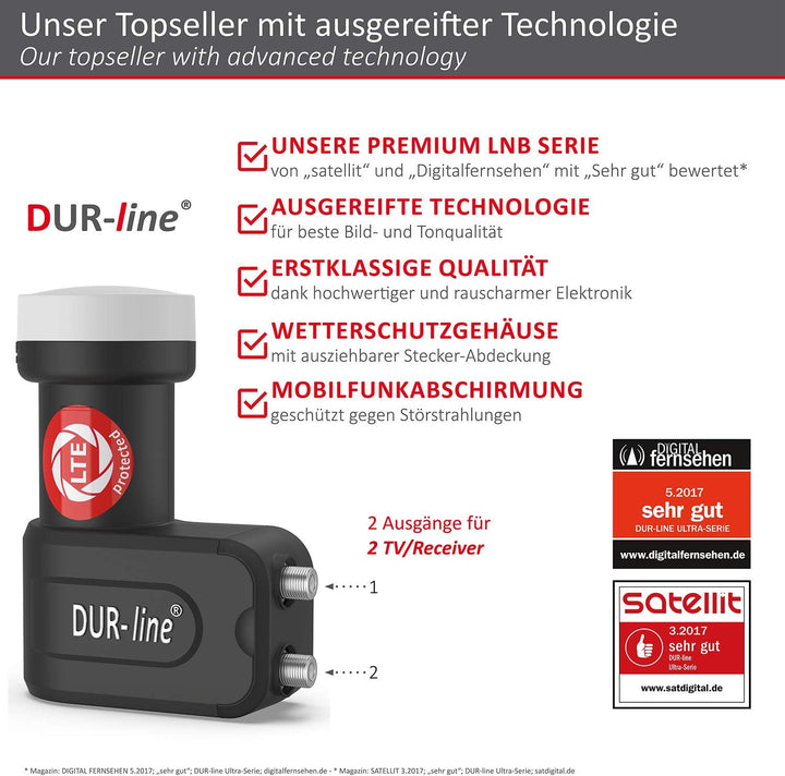 DUR-line +Ultra Twin LNB - 2 Teilnehmer schwarz - mit LTE-Filter [ Test SEHR GUT *] 2-Fach, digital