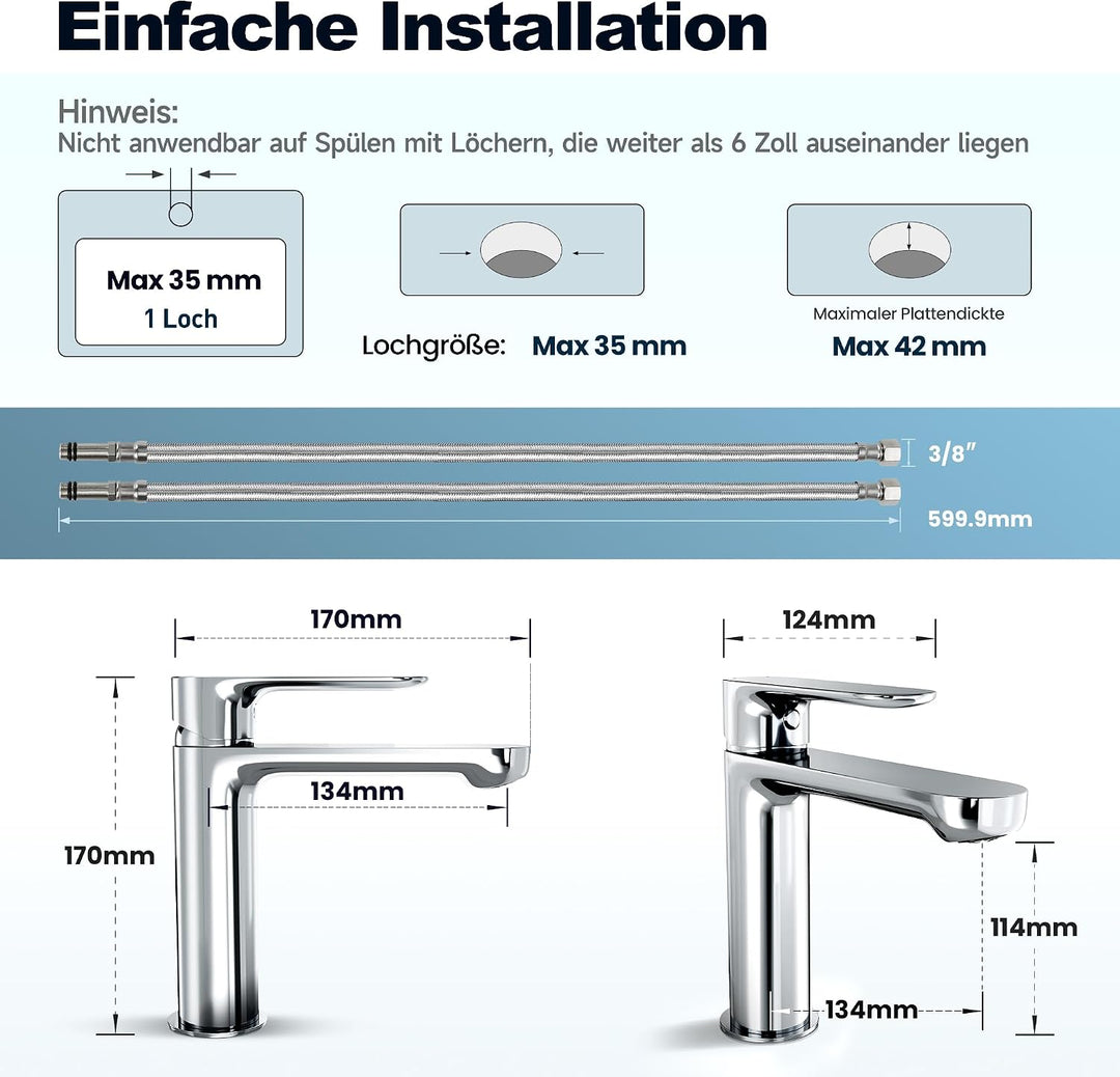 Wasserhahn Bad aus Edelstahl, Moderner Waschtischarmatur für Badezimmer mit Keramikkartusche und Ung