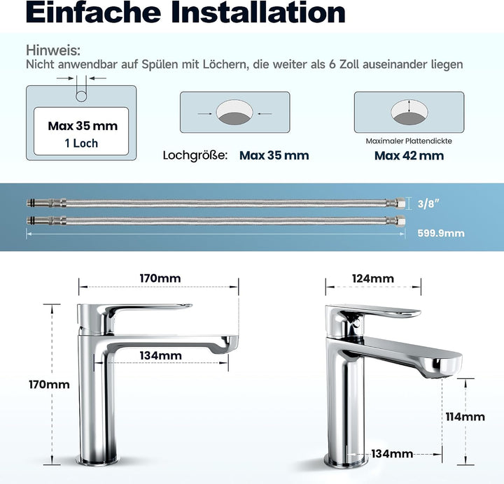 Wasserhahn Bad aus Edelstahl, Moderner Waschtischarmatur für Badezimmer mit Keramikkartusche und Ung