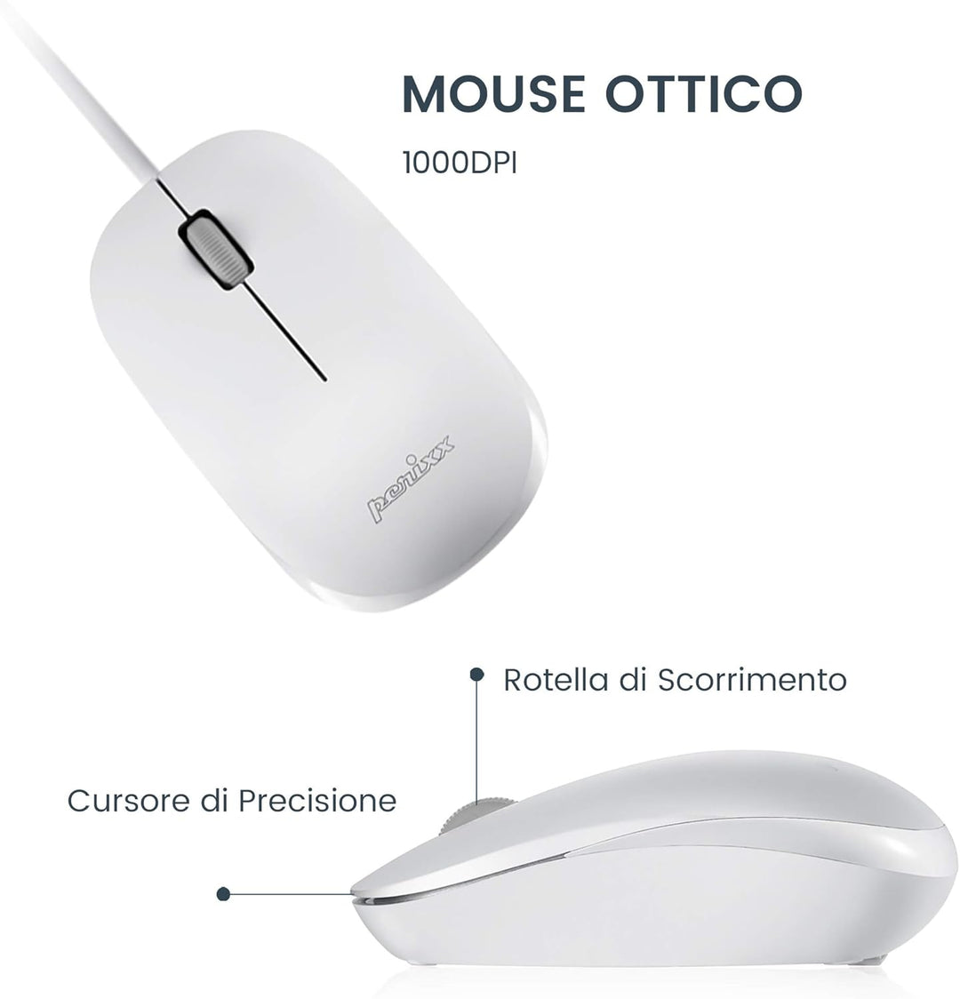 Perixx PERIDUO-212 Set Mouse e Mini Tastiera USB Cablata ‎per Windows, Tasti Scelta Rapida e Multime