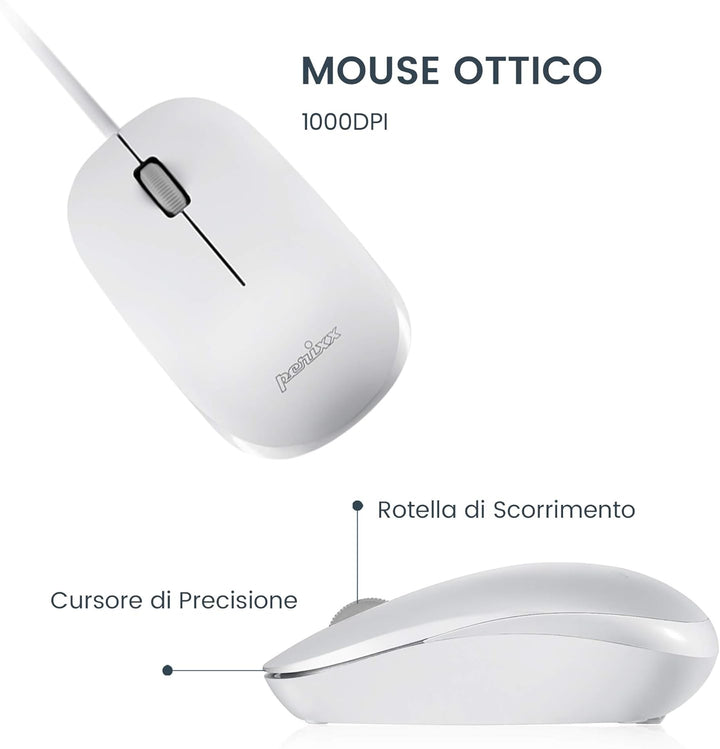 Perixx PERIDUO-212 Set Mouse e Mini Tastiera USB Cablata ‎per Windows, Tasti Scelta Rapida e Multime