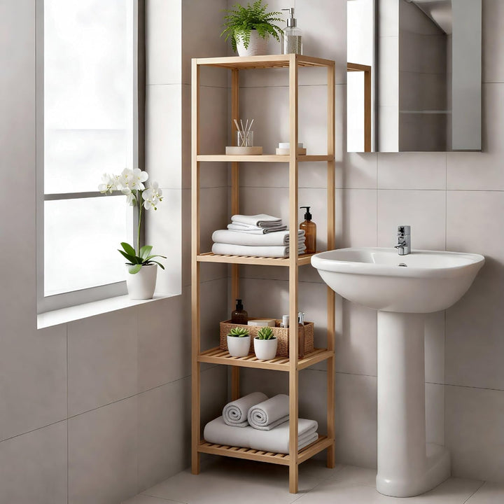 CLP Badregal stehend Bambus Zinnien, Holzregal Badezimmer schmal, Küchenregal stabil und belastbar,