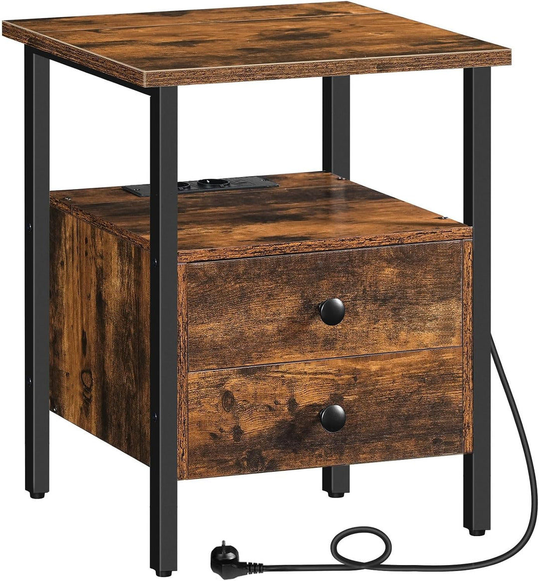 HOOBRO Nachttisch mit Ladestation, Beistelltisch, Sofatisch mit 2 Schubladen, Couchtisch mit USB-Ans